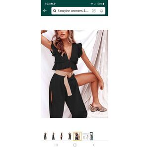 New Large Fancyinn Black 2pc VNeck Crop Top Side Slit Wide Leg Pants Outfit NWT